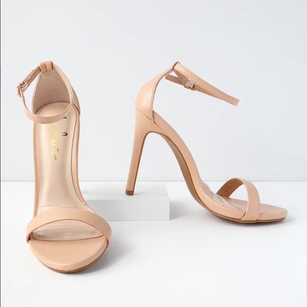 Lulu’s “loveliness light nude ankle strap heels”